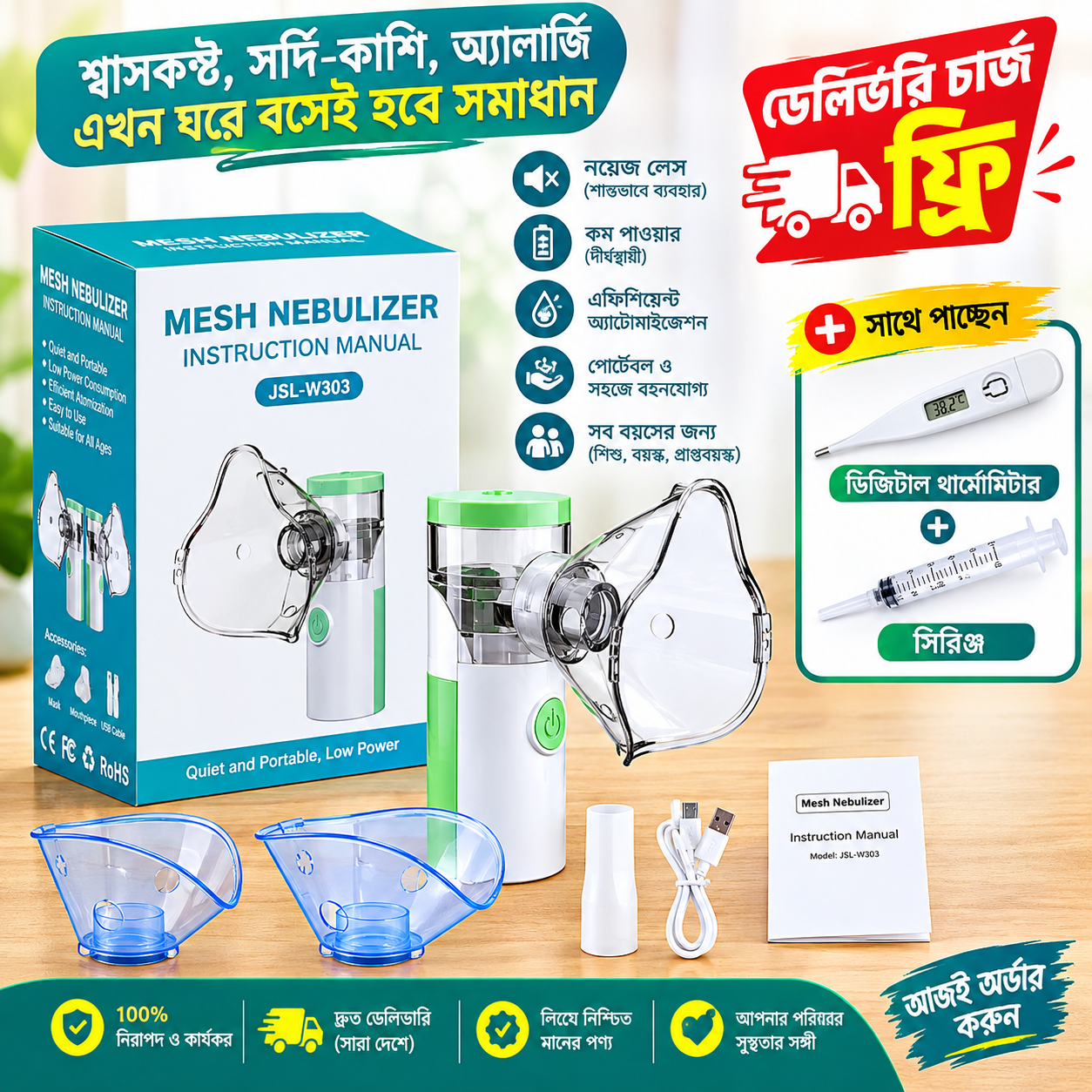 ( ব্যাটারি সহ+ডিজিটাল থার্মোমিটার ) MESH nebulizer -w303-ফ্রি হোম ডেলিভারি